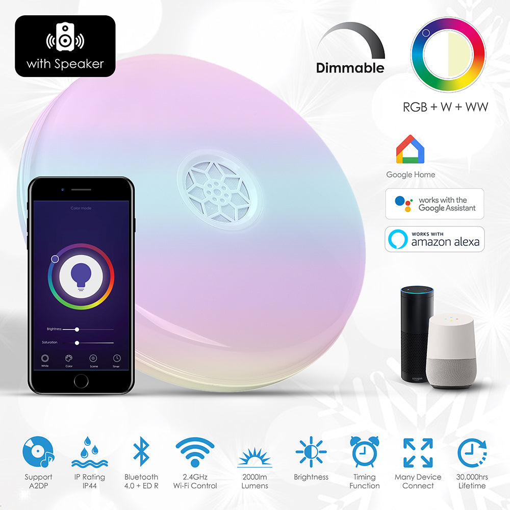 WiFi Ceiling Lights 24W, RGB+W+WW, Dimmable with Bluetooth Speaker