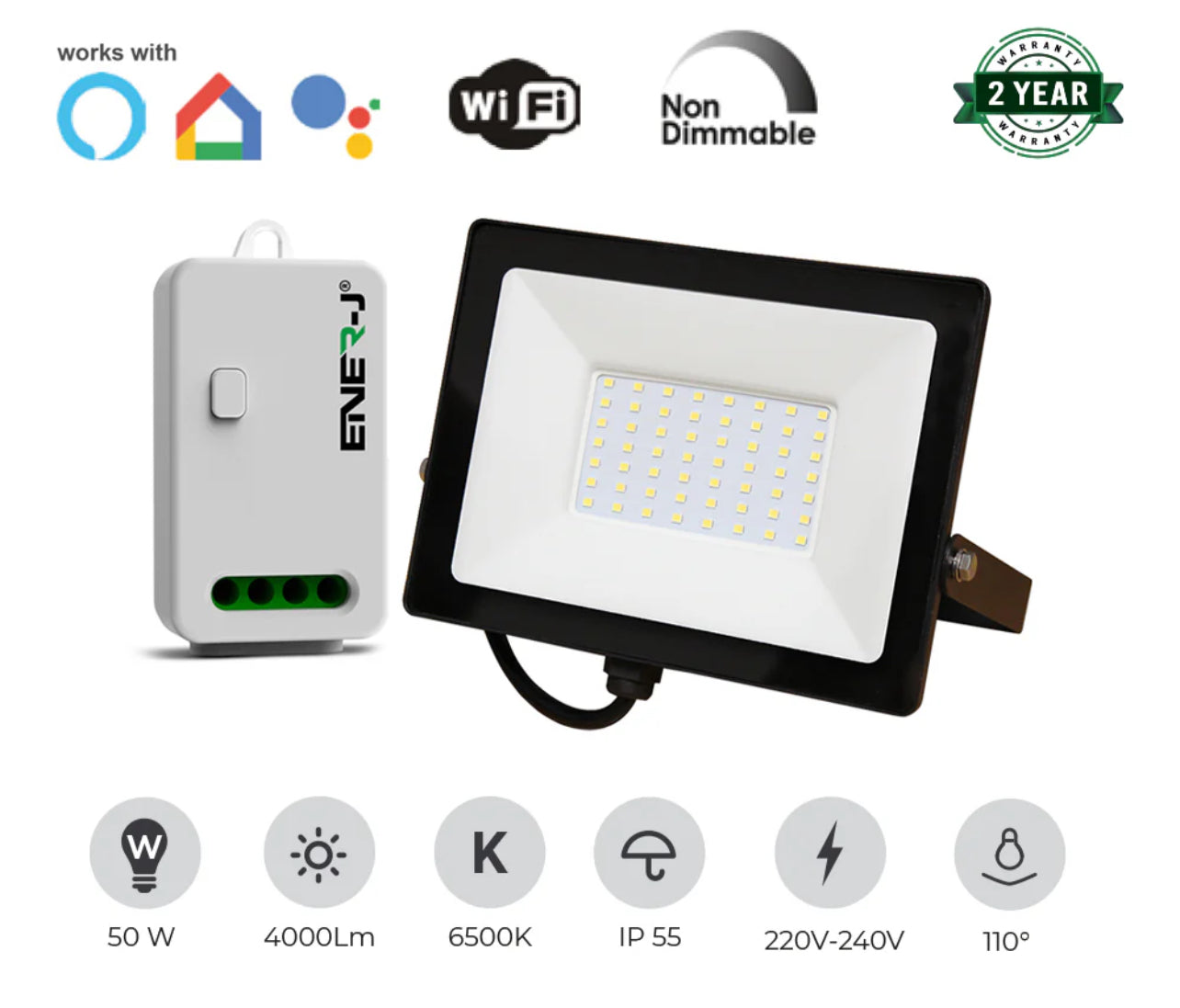 50W LED Floodlight Pre Wired with Eco Series 500W Non Dimmable RF WiFi Receiver APP Control Remotely or Voice Control