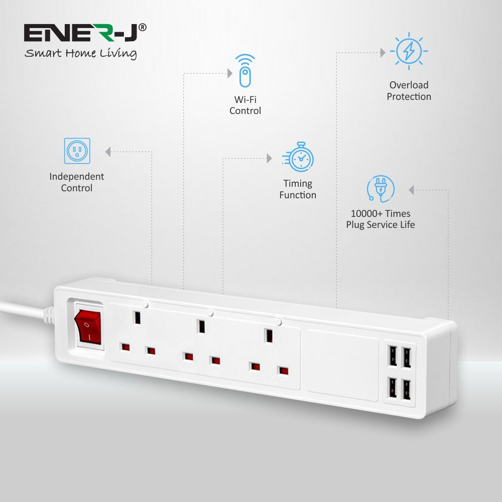 13A SMART Wi-Fi Power Strips with 3 Sockets & 4 USB