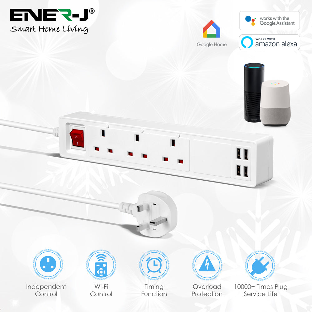 13A SMART Wi-Fi Power Strips with 3 Sockets & 4 USB