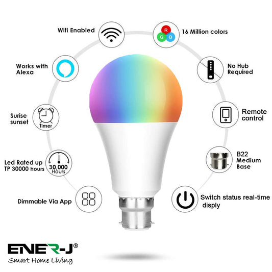 Smart WiFi GLS LED Lamp B22, 9W, RGB+W+WW, Dimmable